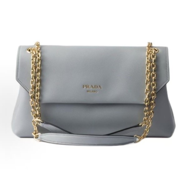 PRADA Doux Doux embossed letter logo magnetic clasp opening and closing calfskin crossbody single-shoulder bag, medium size for women, sky blue